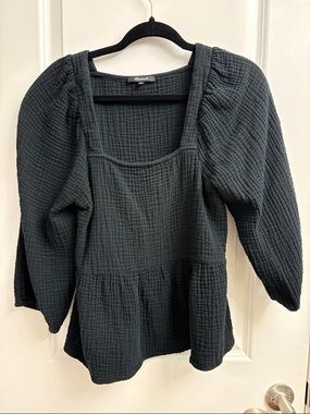 Madewell Black Textured Square-Neck Peplum Blouse